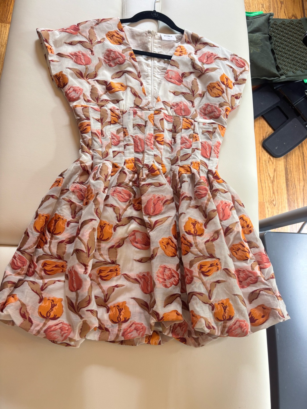 Storia Cream Midi Dress with Pink & Orange Floral Print